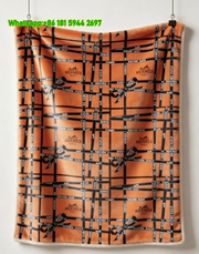Hermès Orange Grid Ribbon Print Flannel Throw Blanket IMG_5095